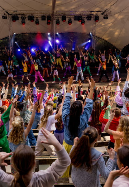 Volle zaal met handen in de lucht tijdens de show